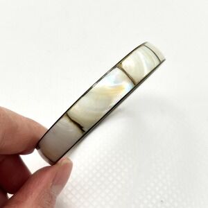 Vintage Mother of Pearl Inlay Gold Tone Brass Bangle Bracelet